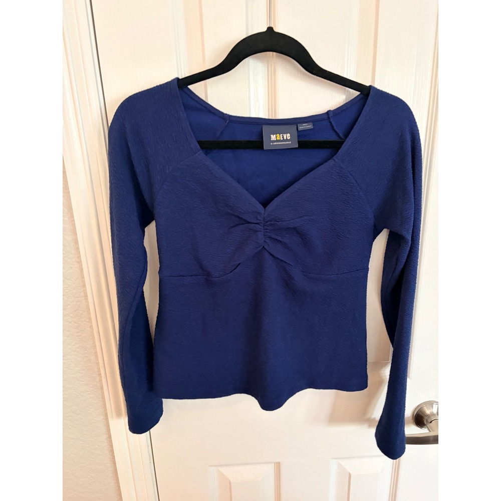 Maeve Top Royal Blue Sweetheart Cinched Bust Textured Long Sleeve Anthropologie